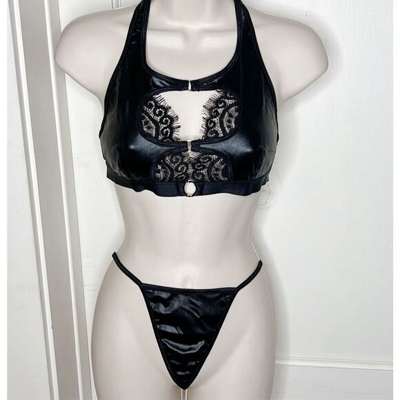 Dreamgirl Strappy Eyelash Lace Trim Faux Leather Bralette & Panties Set - Picture 4 of 7